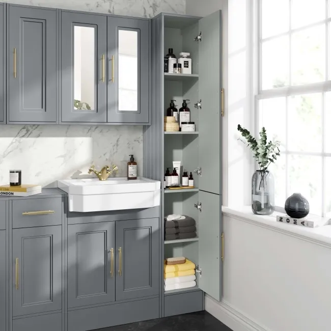 Monaco Dove Grey Floor Standing Tall Cabinet Unit 1900x300mm - Brass Knurled Handles