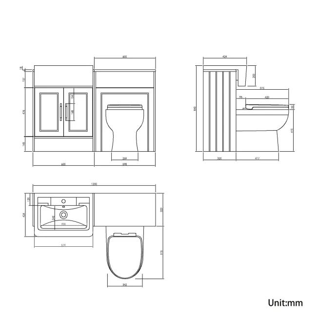 Monaco Chalk White Combination Vanity Traditional Basin and Seattle Toilet 1200mm - Brass Knurled Handles