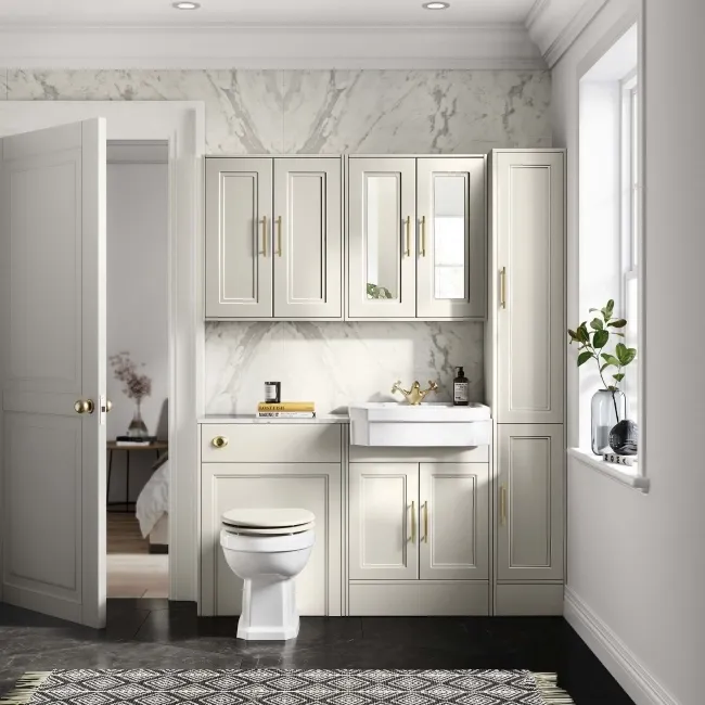 Monaco Chalk White Combination Vanity Traditional Basin with Marble Top 1200mm (Excludes Pan & Cistern) - Brass Knurled Handles