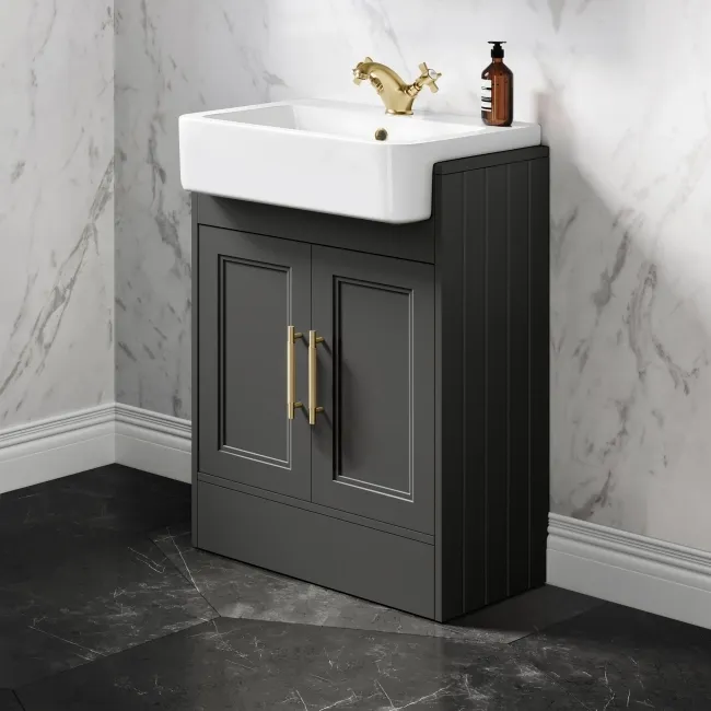 Monaco Graphite Grey Basin Vanity 600mm - Brass Knurled Handles