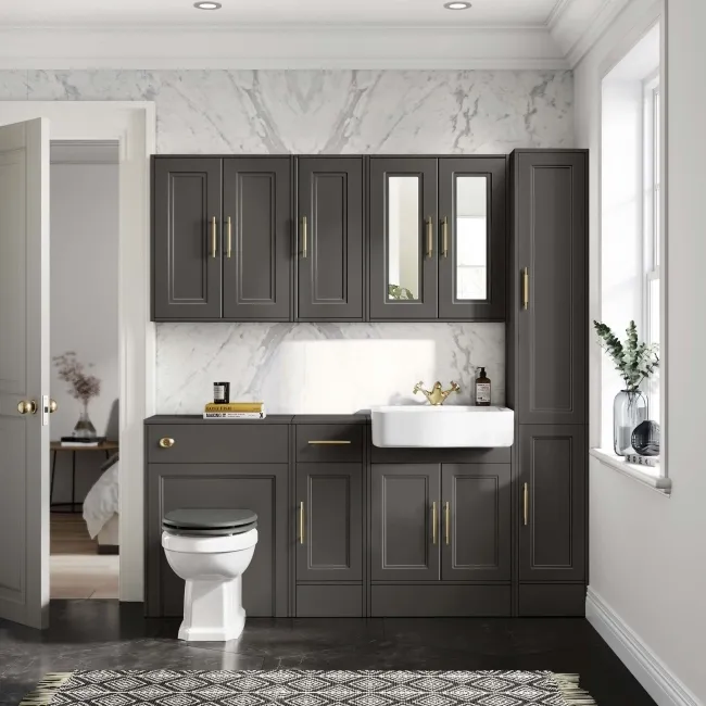Monaco Graphite Grey Combination Vanity Basin and Hudson Toilet with Wooden Seat 1500mm - Brass Knurled Handles
