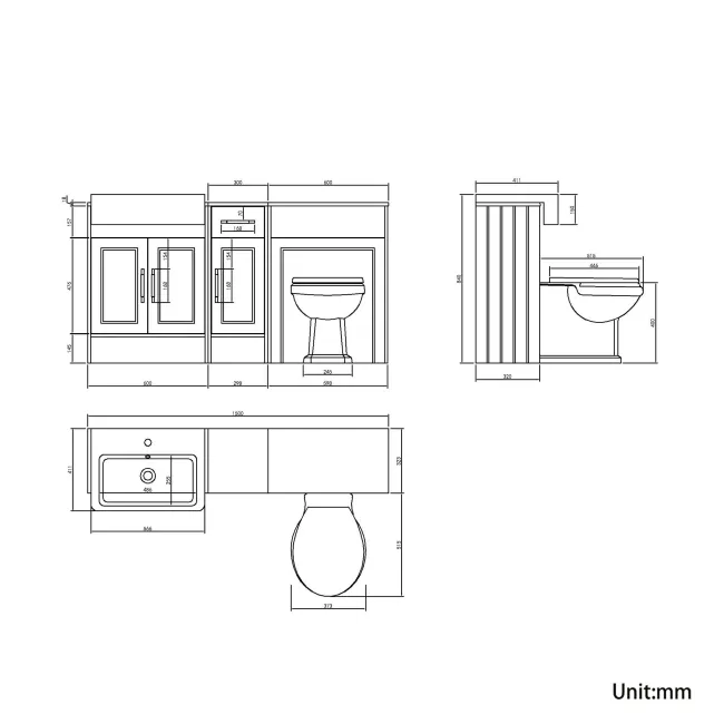 Monaco Graphite Grey Combination Vanity Basin and Hudson Toilet with Wooden Seat 1500mm - Brass Knurled Handles