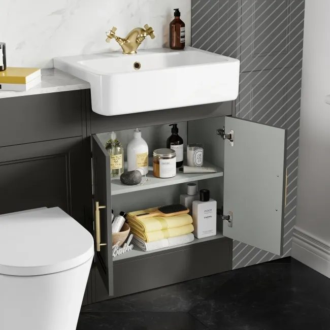 Monaco Graphite Grey Combination Vanity Basin with Marble Top & Boston Toilet 1200mm - Brass Knurled Handles