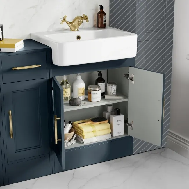Monaco Inky Blue Combination Vanity Basin and Hudson Toilet with Wooden Seat 1500mm - Brass Knurled Handles
