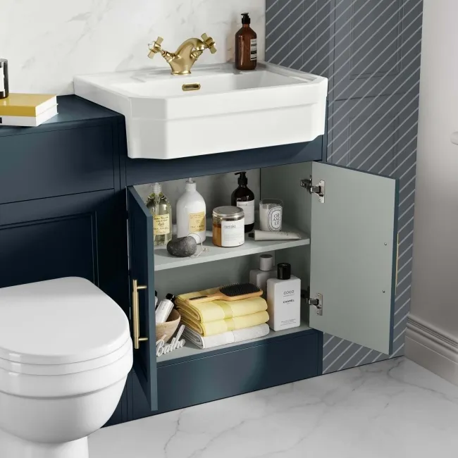 Monaco Inky Blue Combination Vanity Traditional Basin and Seattle Toilet 1200mm - Brass Knurled Handles