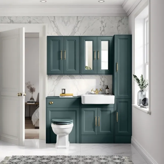 Monaco Midnight Green Combination Vanity Basin and Hudson Toilet with Wooden Seat 1200mm - Brass Knurled Handles