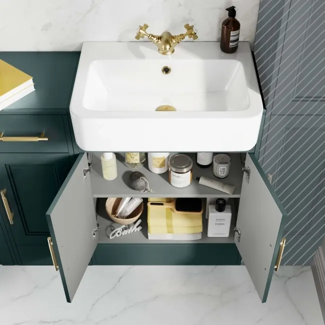 Monaco Midnight Green Combination Vanity Basin and Seattle Toilet 1500mm - Brass Knurled Handles