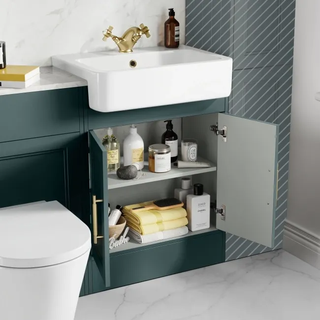 Monaco Midnight Green Combination Vanity Basin with Marble Top & Boston Toilet 1200mm - Brass Knurled Handles