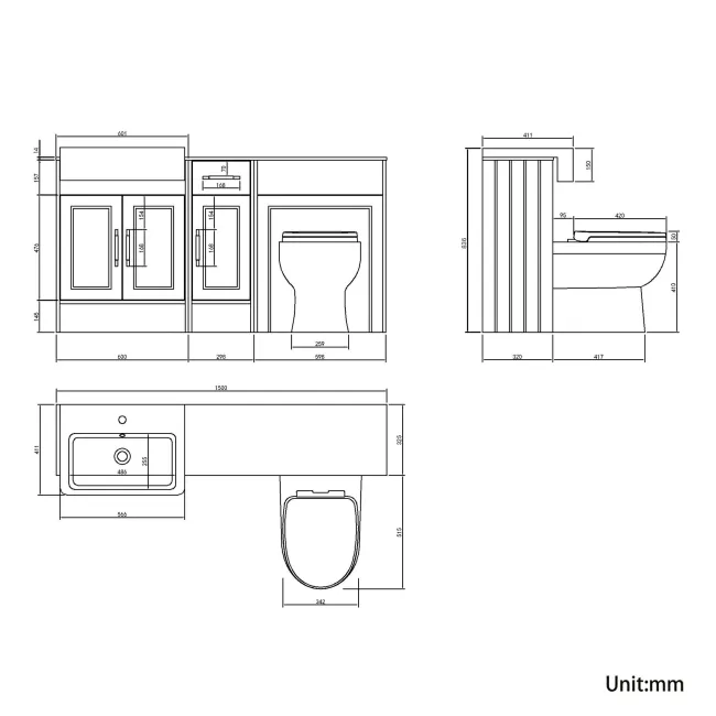 Monaco Midnight Green Combination Vanity Basin with Marble Top and Seattle Toilet 1500mm - Brass Knurled Handles