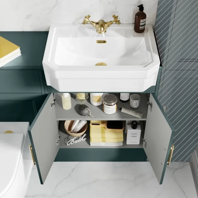 Monaco Midnight Green Combination Vanity Traditional Basin and Boston Toilet 1200mm - Brass Knurled Handles