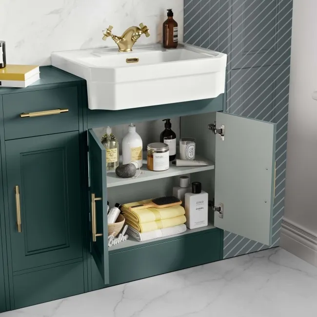 Monaco Midnight Green Combination Vanity Traditional Basin and Seattle Toilet 1500mm - Brass Knurled Handles