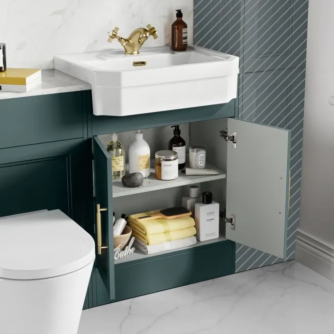 Monaco Midnight Green Combination Vanity Traditional Basin with Marble Top & Boston Toilet 1200mm - Brass Knurled Handles