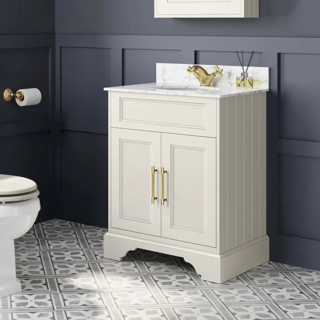 Lucia Chalk White Vanity with Marble Top & Undermount Basin 630mm - Brass Knurled Handles
