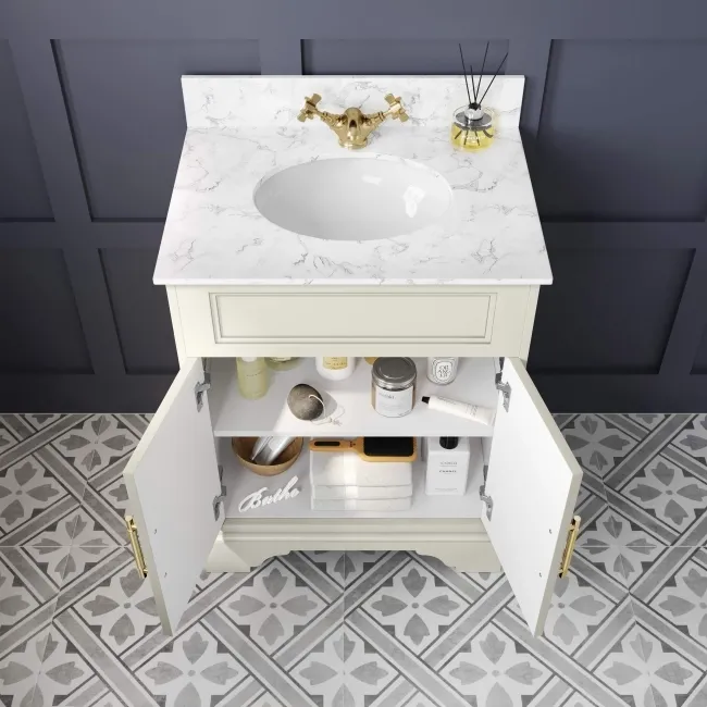 Lucia Chalk White Vanity with Marble Top & Undermount Basin 630mm - Brass Knurled Handles