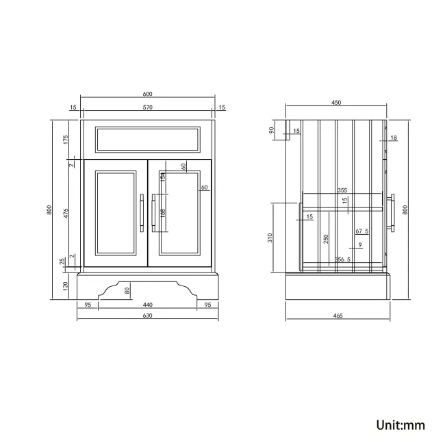Lucia Chalk White Vanity with Oak Effect Top & Round Counter Top Basin 640mm - Brass Knurled Handles