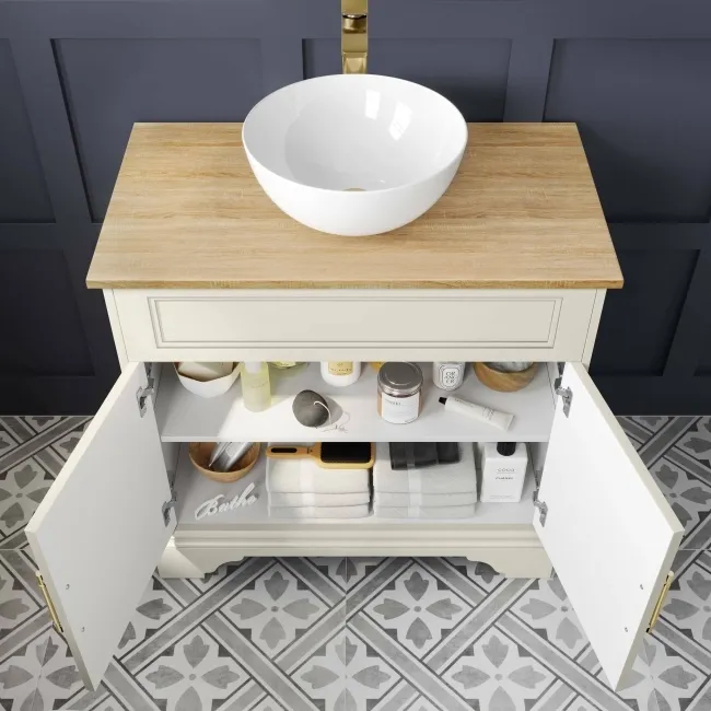 Lucia Chalk White Vanity with Oak Effect Top & Round Counter Top Basin 840mm - Brass Knurled Handles