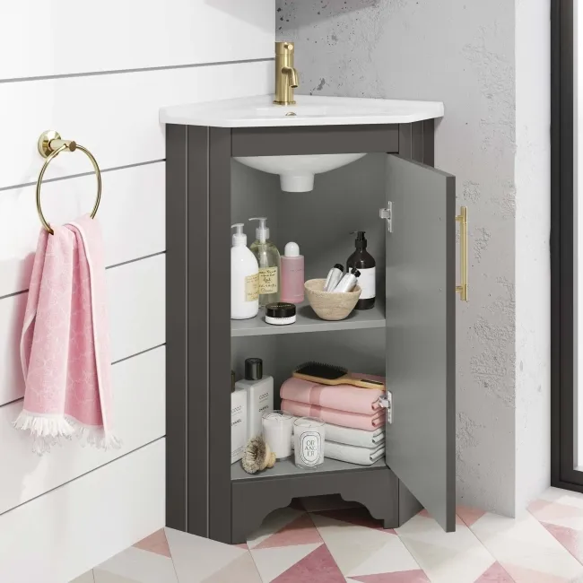 Lucia Graphite Grey Corner Basin Vanity 400mm - Brass Knurled Handle