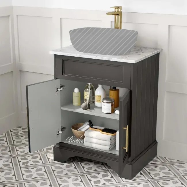 Lucia Graphite Grey Cabinet with Marble Top 640mm (Excludes Counter Top Basin) - Brass Knurled Handles