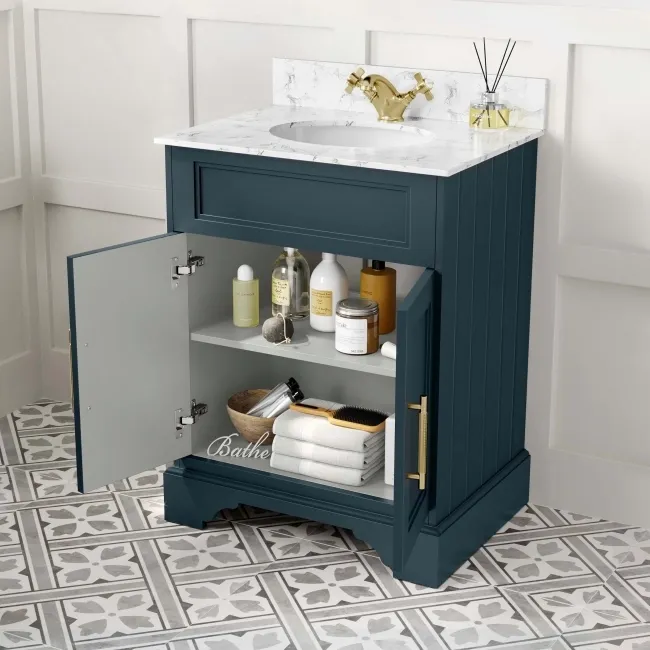 Lucia Inky Blue Vanity with Marble Top & Undermount Basin 630mm - Brass Knurled Handles