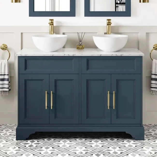 Lucia Inky Blue Double Vanity with Marble Top & Round Counter Top Basin 1200mm - Brass Knurled Handles