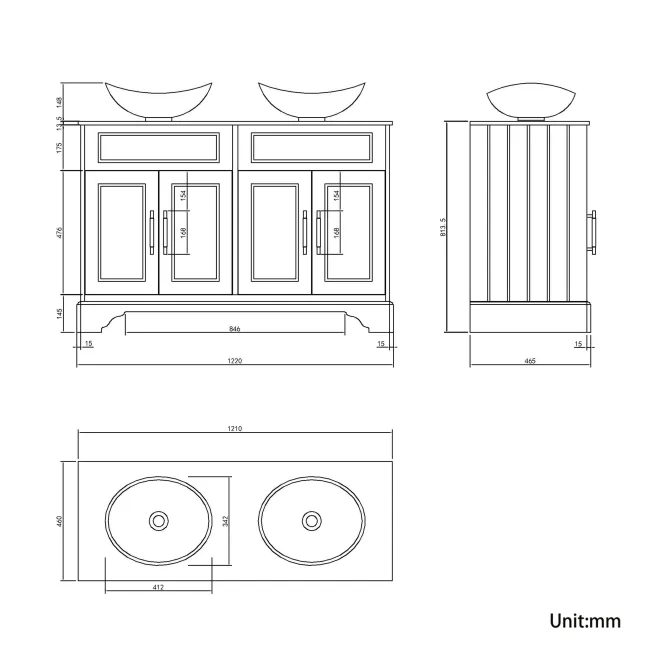 Lucia Inky Blue Double Vanity with Marble Top & Oval Counter Top Basin 1200mm - Brass Knurled Handles