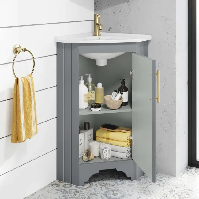 Lucia Dove Grey Corner Basin Vanity 400mm - Brass Knurled Handle