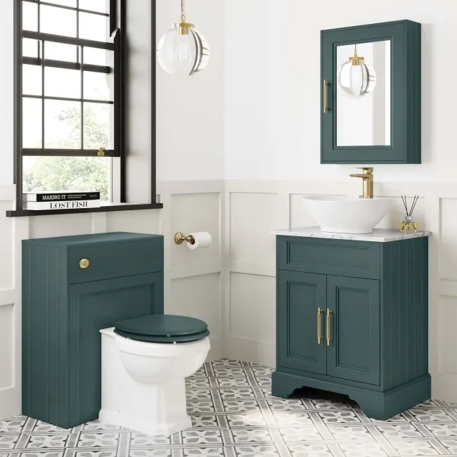 Lucia Midnight Green Vanity with Marble Top & Oval Counter Top Basin 640mm - Brass Knurled Handles