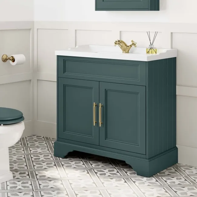 Lucia Midnight Green Basin Vanity 830mm - Brass Knurled Handles