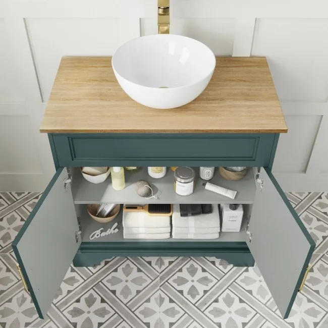 Lucia Midnight Green Vanity with Oak Effect Top & Round Counter Top Basin 840mm - Brass Knurled Handles