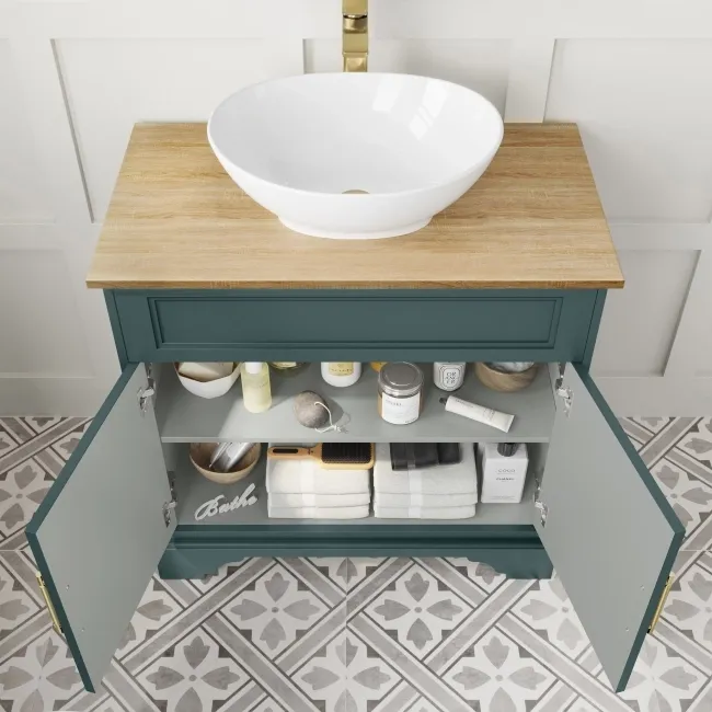 Lucia Midnight Green Vanity with Oak Effect Top & Oval Counter Top Basin 840mm - Brass Knurled Handles
