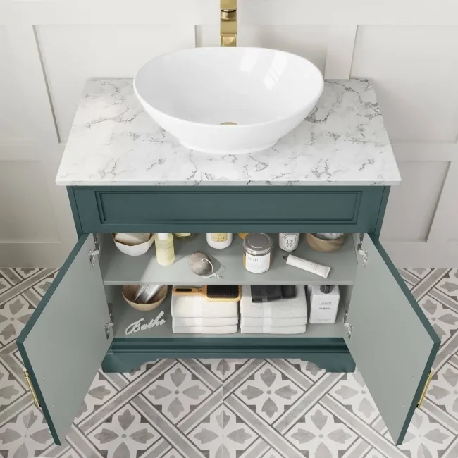 Lucia Midnight Green Vanity with Marble Top & Oval Counter Top Basin 840mm - Brass Knurled Handles