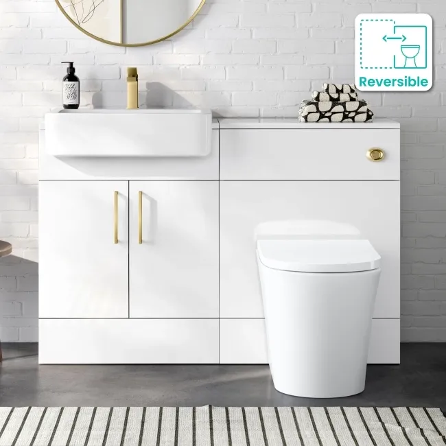 Harper Gloss White Combination Vanity Basin and Tucson Toilet 1200mm - Brushed Brass Accents