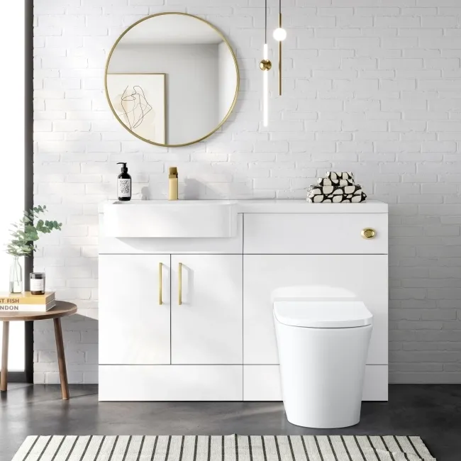 Harper Gloss White Combination Vanity Basin and Tucson Toilet 1200mm - Brushed Brass Accents - Left Handed