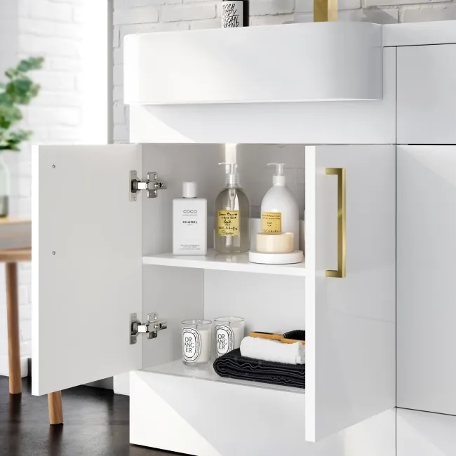 Harper Gloss White Combination Vanity Basin and Tucson Toilet 1200mm - Brushed Brass Accents - Left Handed