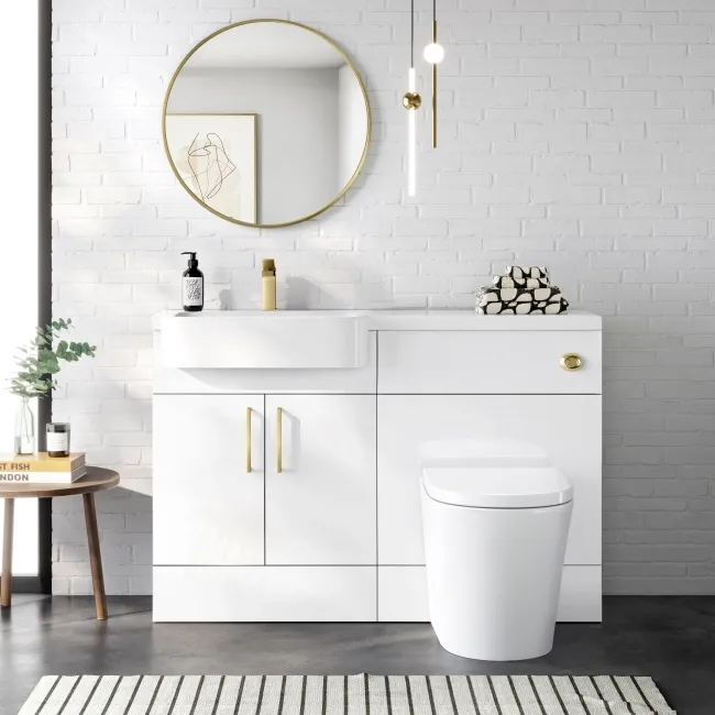 Harper Gloss White Combination Vanity Basin and Boston Toilet 1200mm - Brushed Brass Accents - Left Handed