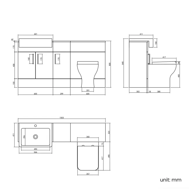 Harper Gloss White Combination Vanity Basin and Houston Toilet 1500mm - Brushed Brass Accents