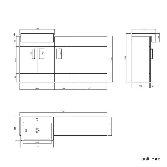 Harper Gloss White Combination Vanity Basin with Marble Top 1500mm (Excludes Toilet) - Brushed Brass Accents