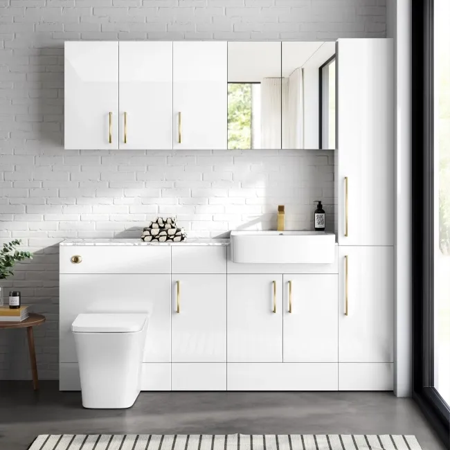 Harper Gloss White Combination Vanity Basin with Marble Top & Houston Toilet 1500mm - Brushed Brass Accents