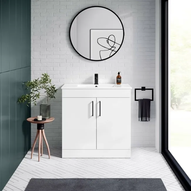 Mersey Gloss White Basin Vanity 800mm - Black Accents