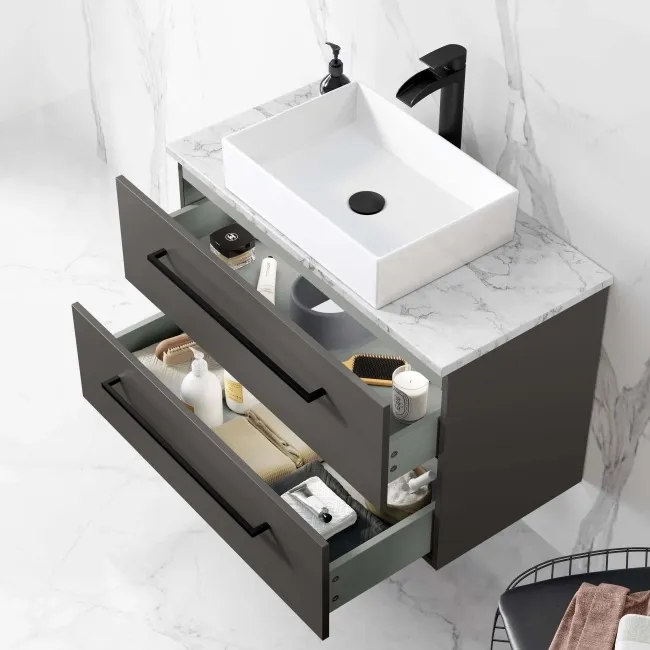Elba Graphite Grey Wall Hung Drawer Vanity with Marble Top & Cody Basin 800mm - Black Accents