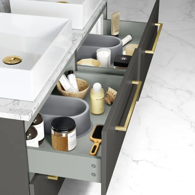 Elba Graphite Grey Double Wall Hung Drawer Vanity with Marble Top & Cody Basin 1200mm - Brushed Brass Accents