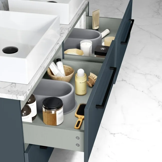 Elba Inky Blue Double Wall Hung Drawer Vanity with Marble Top & Cody Basin 1200mm - Black Accents