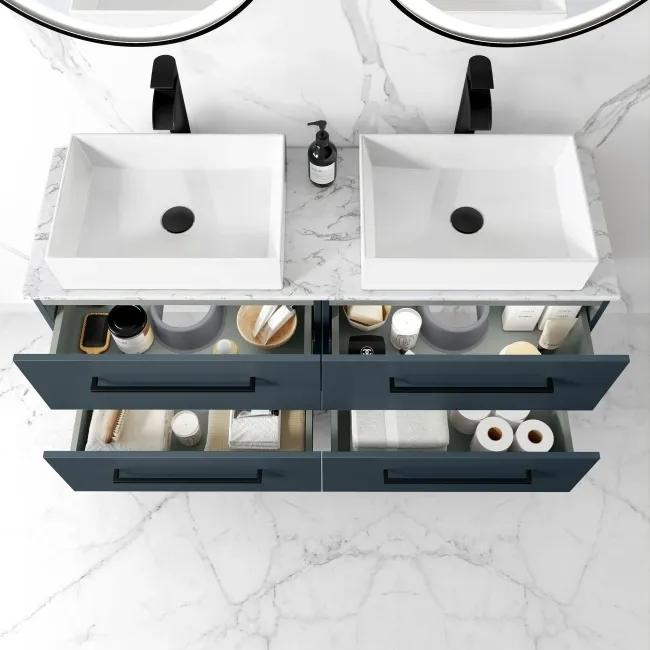 Elba Inky Blue Double Wall Hung Drawer Vanity with Marble Top & Cody Basin 1200mm - Black Accents