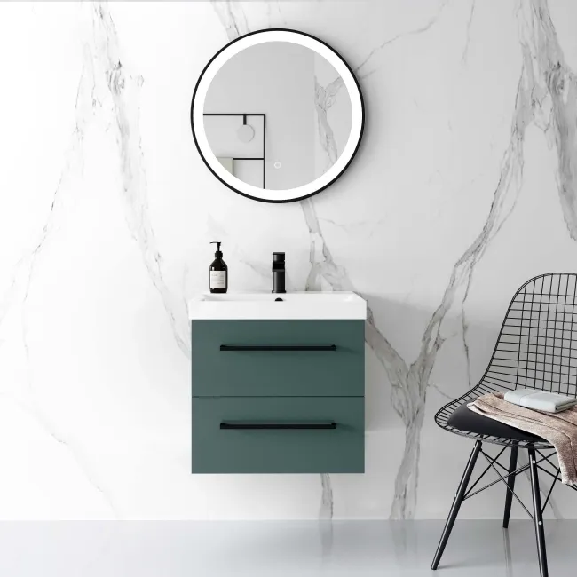 Elba Midnight Green Wall Hung Basin Drawer Vanity 500mm - Black Accents