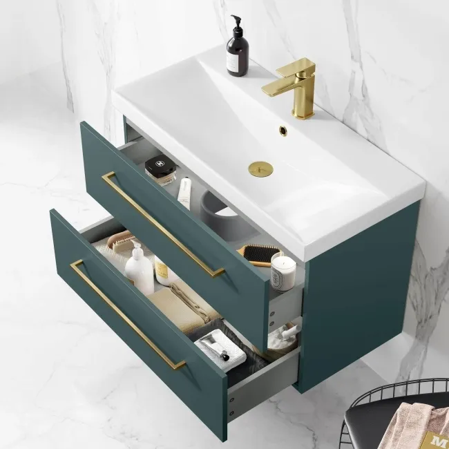 Elba Midnight Green Wall Hung Basin Drawer Vanity 800mm - Brushed Brass Accents