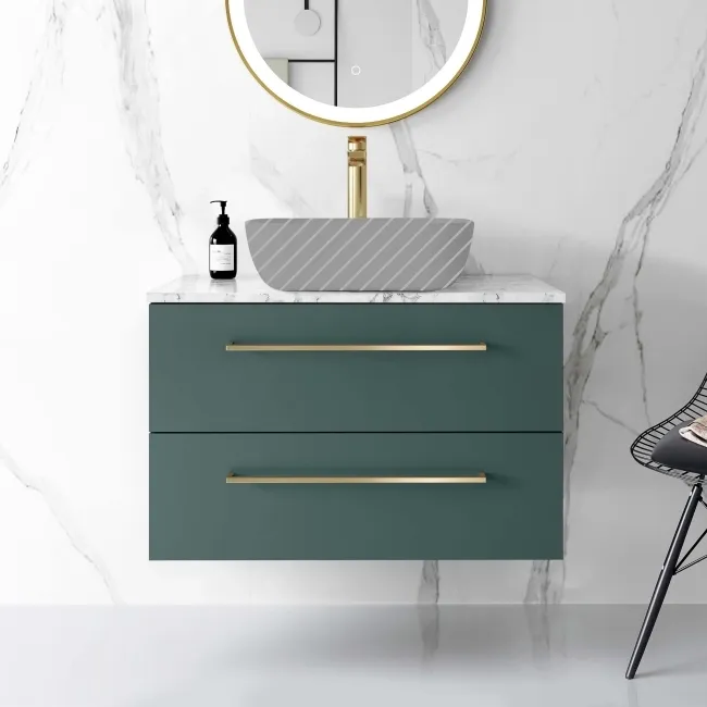 Elba Midnight Green Wall Hung Drawer Vanity 800mm (Excludes Counter Top Basin) - Brushed Brass Accents