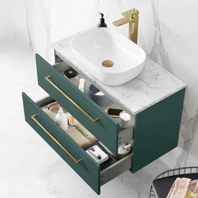 Elba Midnight Green Wall Hung Drawer Vanity with Marble Top & Curved Counter Top Basin 800mm - Brushed Brass Accents