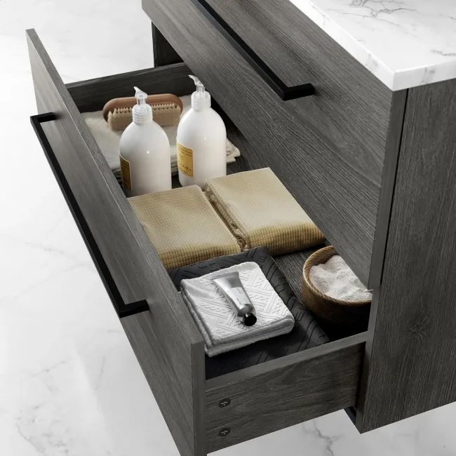 Elba Charcoal Elm Wall Hung Drawer Vanity with Marble Top & Cody Basin 800mm - Black Accents