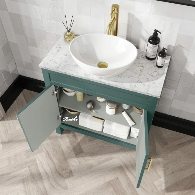 Bermuda Midnight Green Vanity with Marble Top & Oval Counter Top Basin 800mm - Brass Knurled Handles