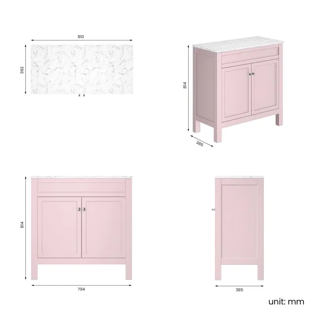 Bermuda Cashmere Pink Cabinet with Marble Top 800mm - Excludes Counter Top Basin
